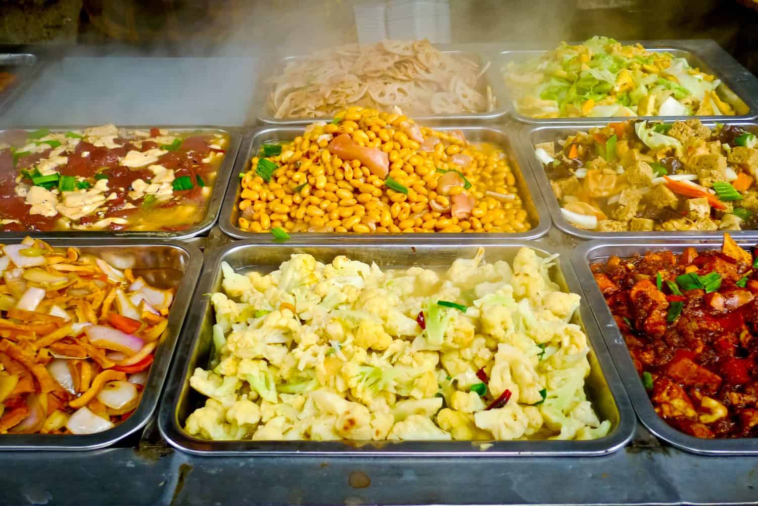Buffet trays of chinese food in Shanghai, China