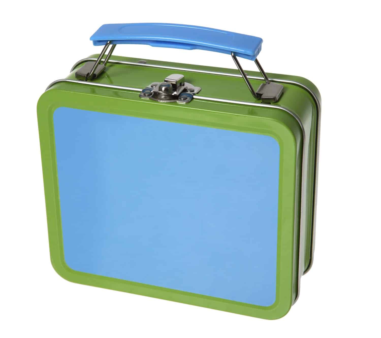 Blue and green metal tin lunchbox on white