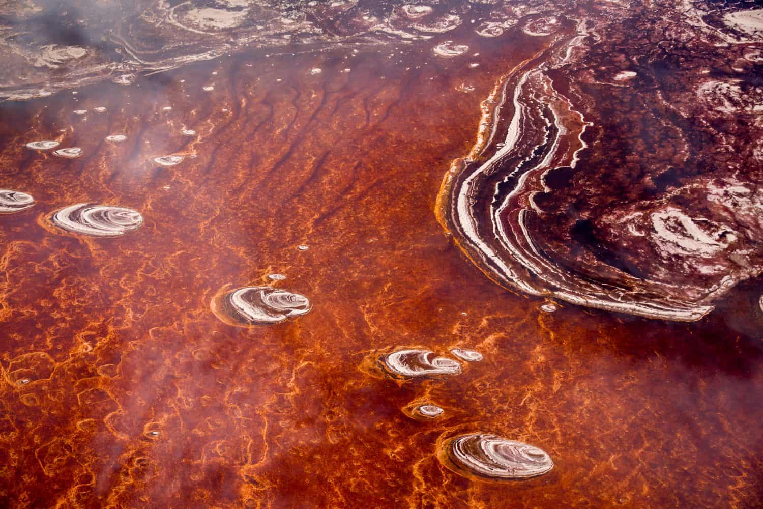 Africa, Tanzania, Aerial view of patterns of red algae and salt formations in shallow salt waters of Lake Natron
