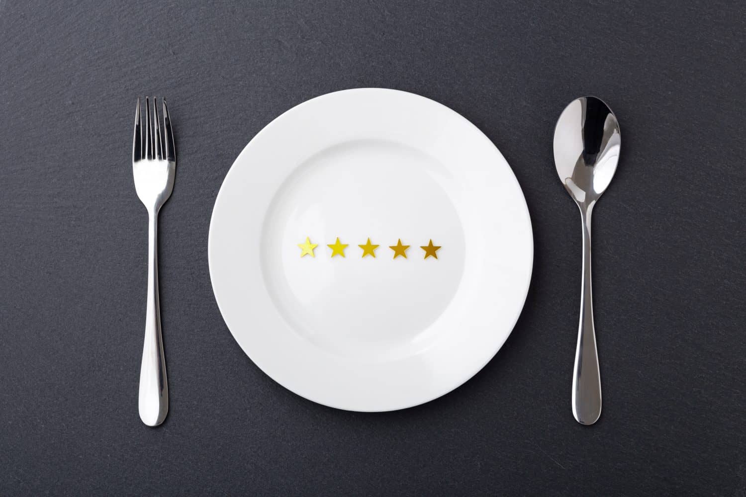 Food and service rating and review concept, five gold star on white plate with fork and spoon on black stone background