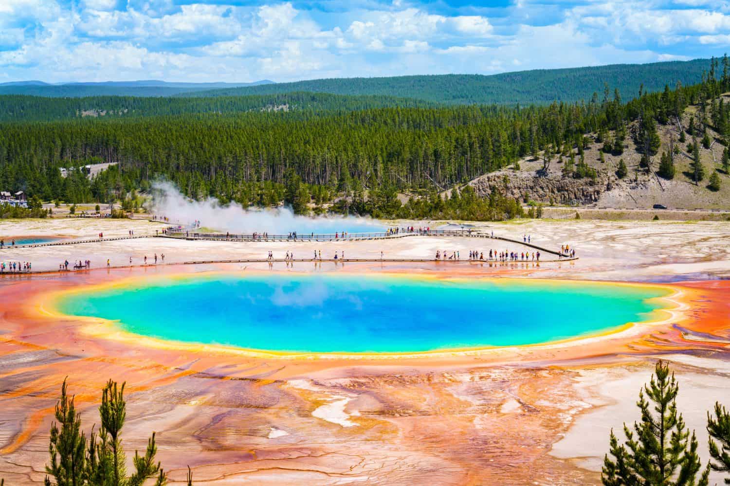 Colorful beautiful Grand Prismatic Springs, summer cloudy sky, panoramic landscape view, wide lens view