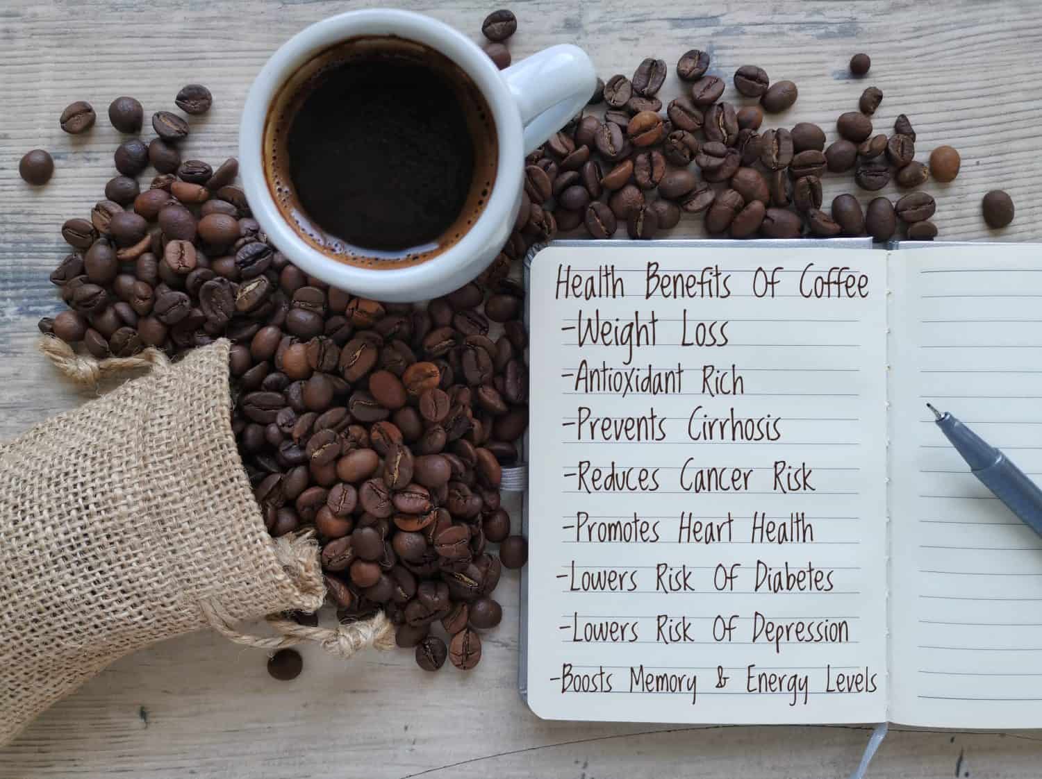 The list of black coffee health benefits. Overturned rustic bag with spilled coffee beans, pen and notebook written with text Health Benefits of Coffee. Black coffee benefits and nutrition.