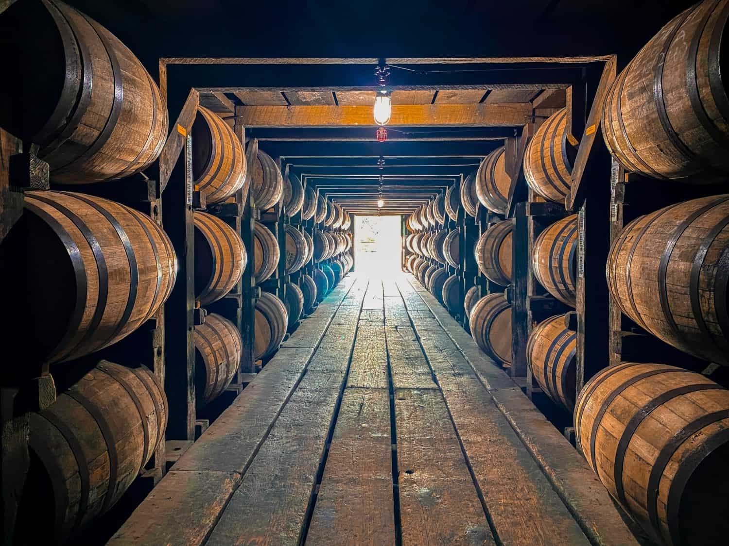 Bourbon barrels aging in rickhouse