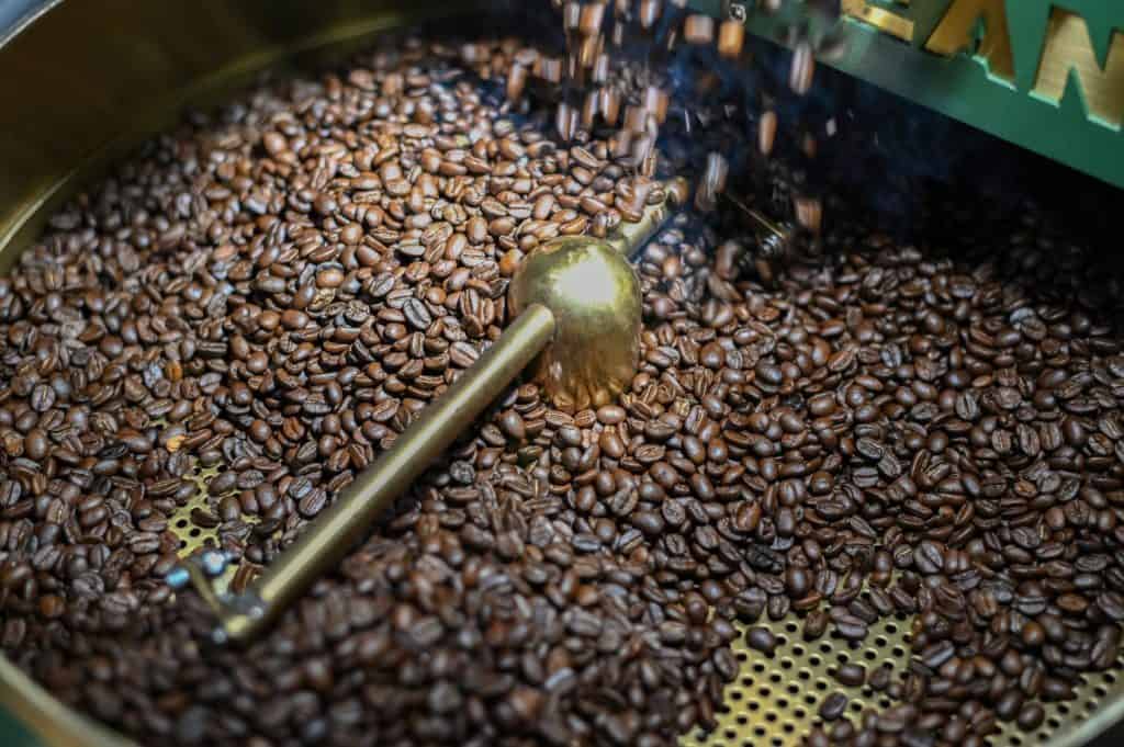 Picture of releasing freshly roasted coffee beans from the machine into the air dryer rack.
