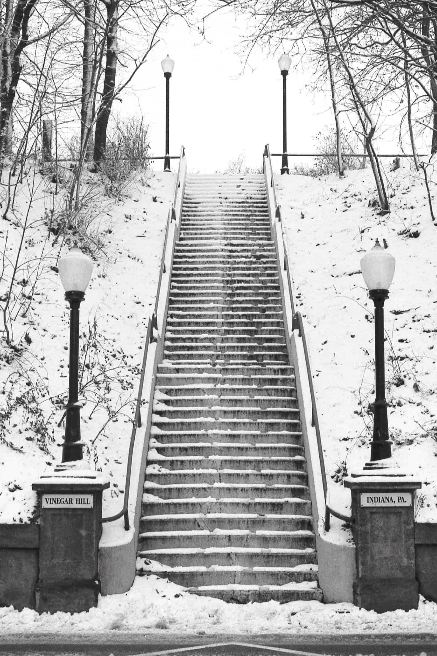 The Vinegar Hill stairs located in downtown Indiana, PA, lead to the boyhood home of Jimmy Stewart, the famous Hollywood actor. This is a local landmark.