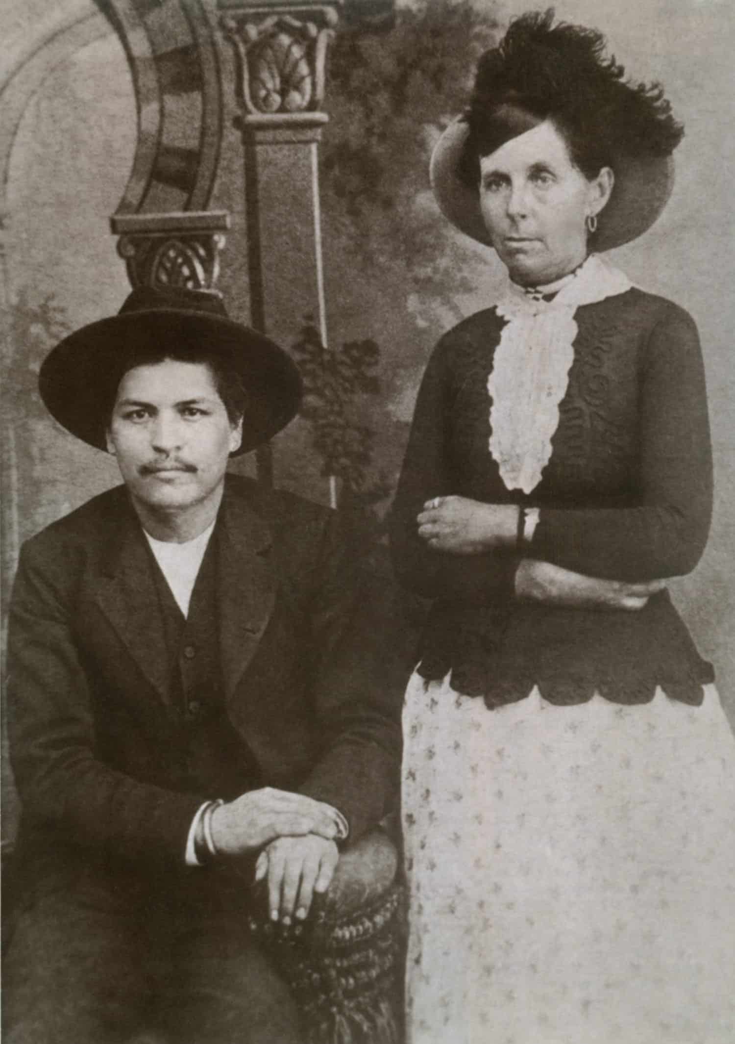 Belle Starr (1848-1889) with her manacled lover, Blue Duck, after his arrest for the murder of a farmer. He was one of several outlaw lovers she took from 1887 until her murder in 1889.