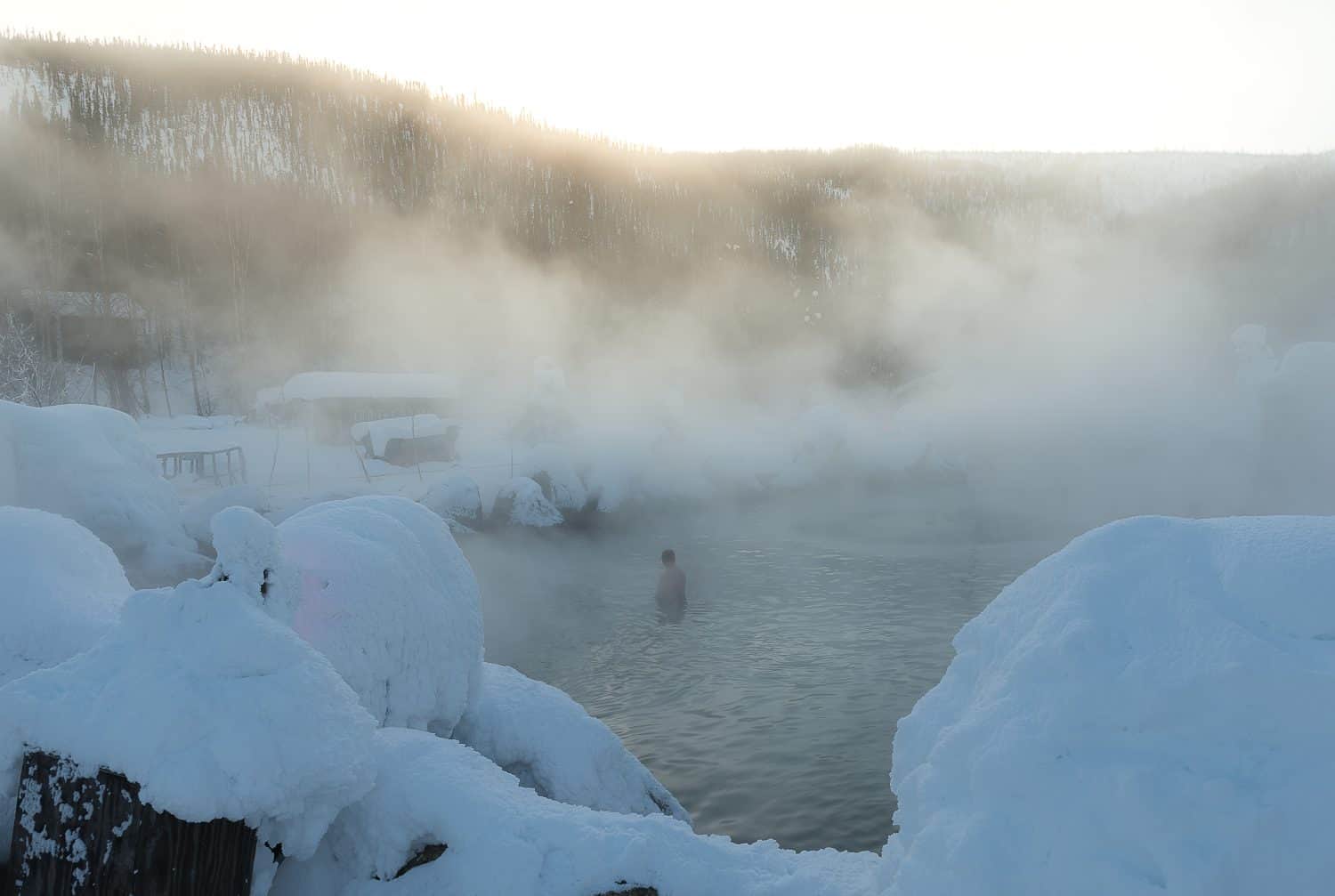 Chena Hot Spring on the top of mountain during winter in Alaska, USA