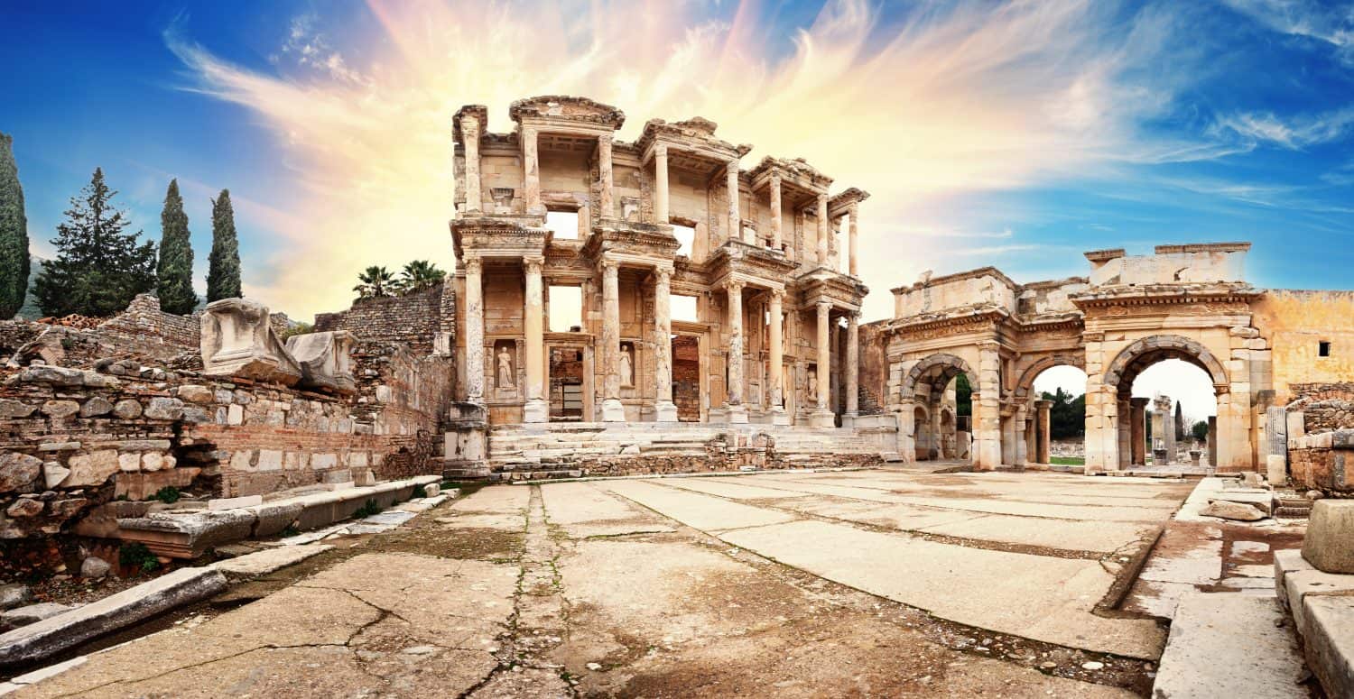 Panorama of the ancient library of Celsus in Ephesus under a dramatic sky. Turkey. UNESCO cultural heritage