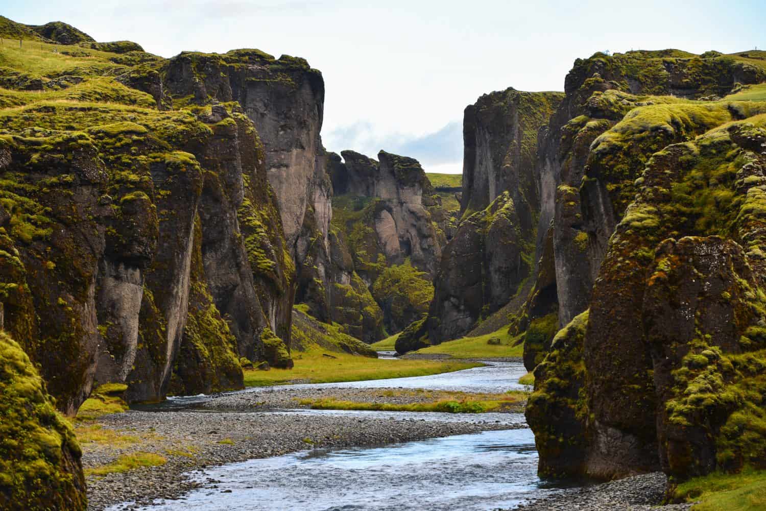 Green Fjaðrárgljúfur canyon, near Kirkjubæjarklaustur village, South Coast of Iceland