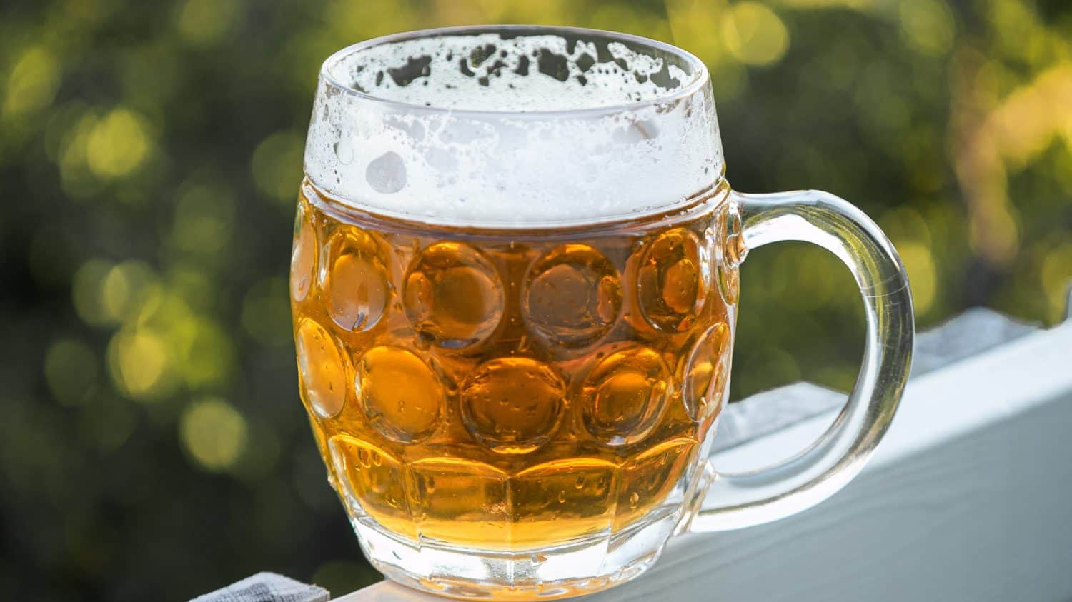 The sun shines on a pint of lager beer, poured into an ovally shaped beer glass with a handle. The gold and amber color of the beer makes a brilliant contrast to the white foam up top.