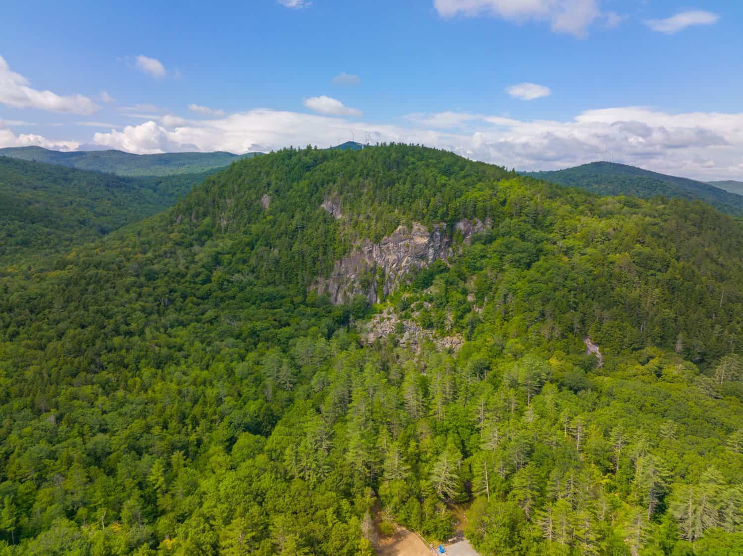 White Mountain National Forest aerial view in summer near Polar Caves Park in town of Rumney, Grafton County, New Hampshire NH, USA.