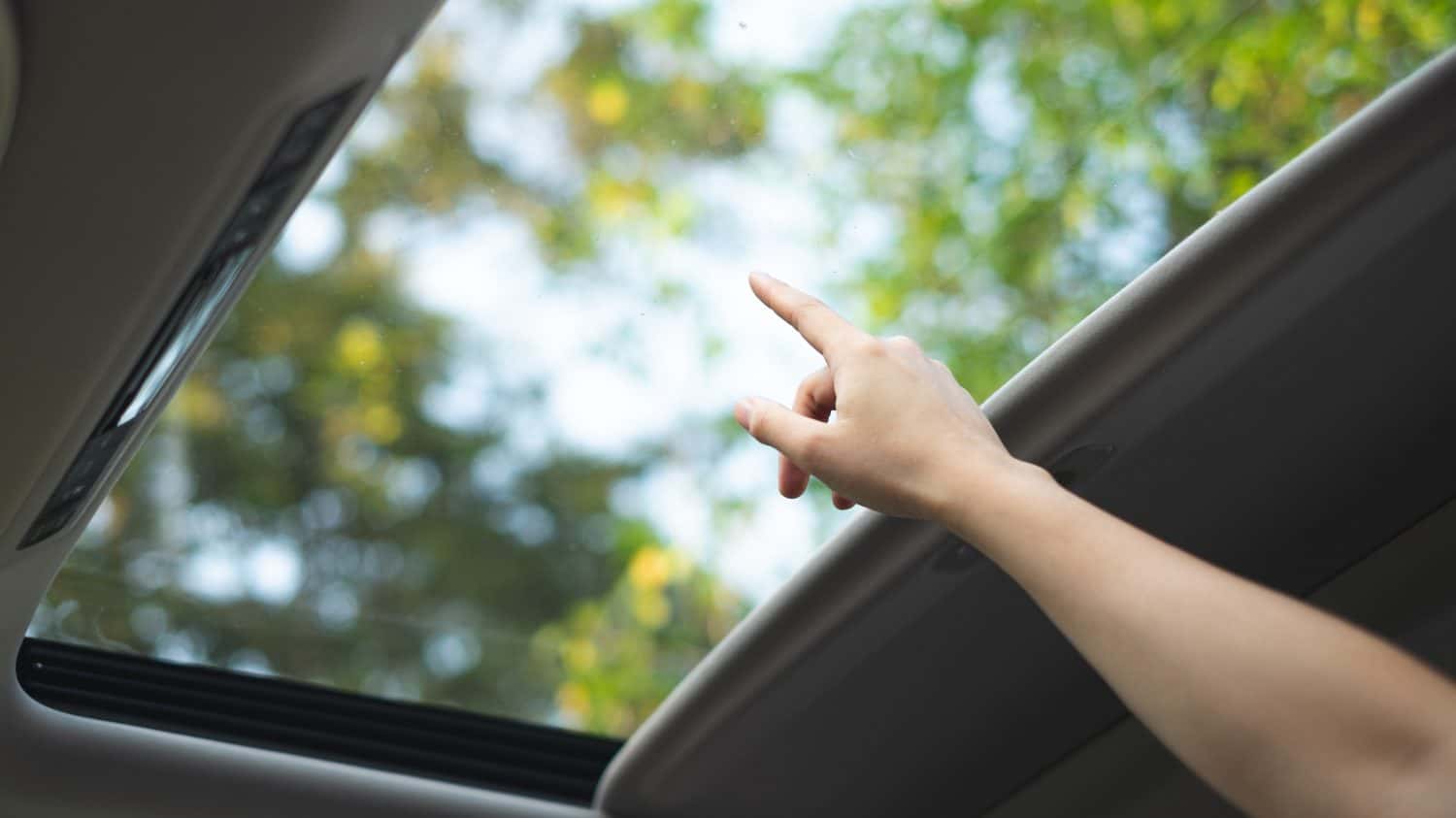A hand pointing at the sky, nature view from Glass sunroof in the car. Concept of car interior, exploration road trip, modern family journey, vacation and leisure activity and beauty in nature.