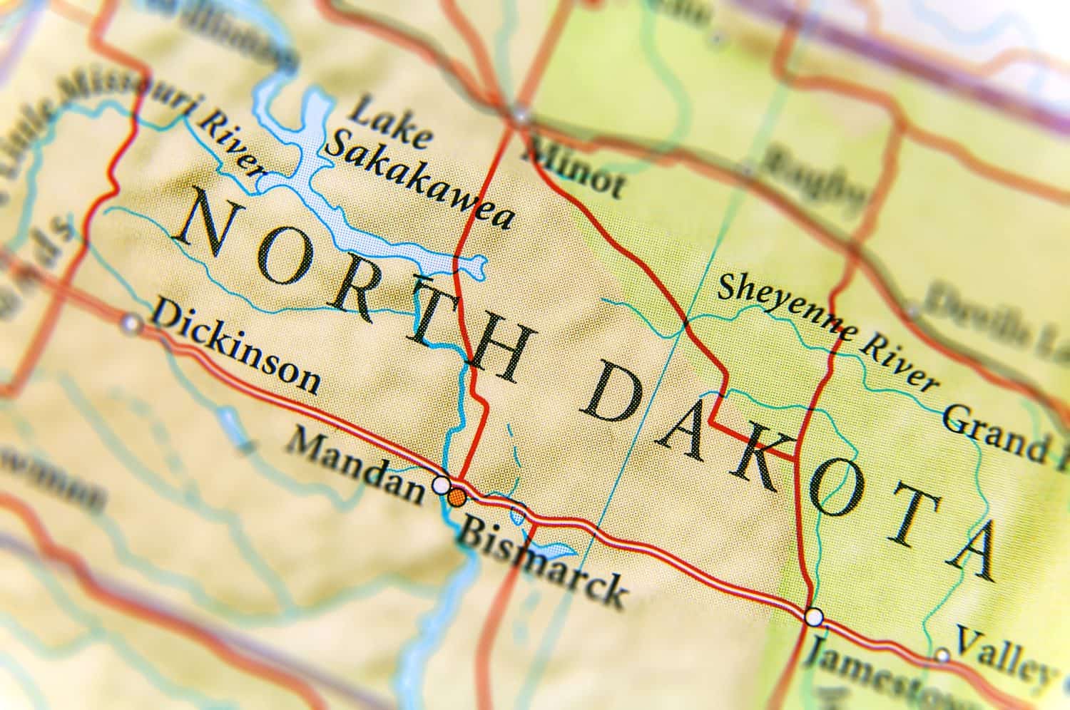 Geographic map of US state North Dakota with important cities