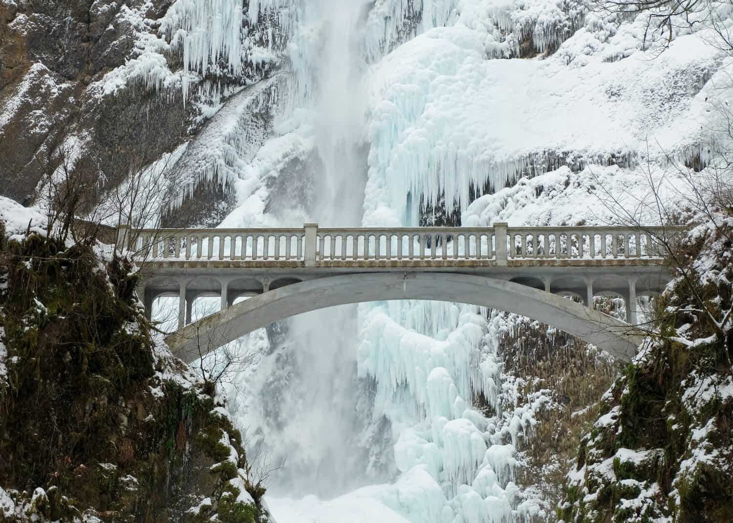 The Icy Cascades of Multnomah Falls in Winter. Portland, Oregon