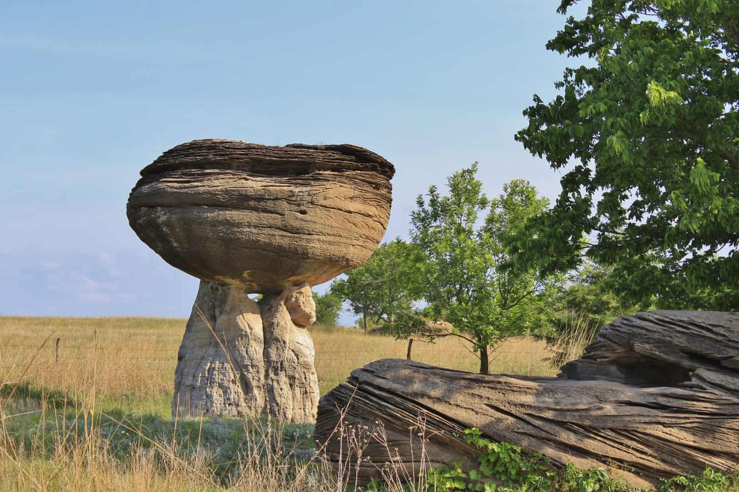 A shot of Mushroom State Park that's north of Kanopolis Lake in Kansas. With Rocks that look's like Mushroom's. That bright and colorful with blue sky and tree's and grass.