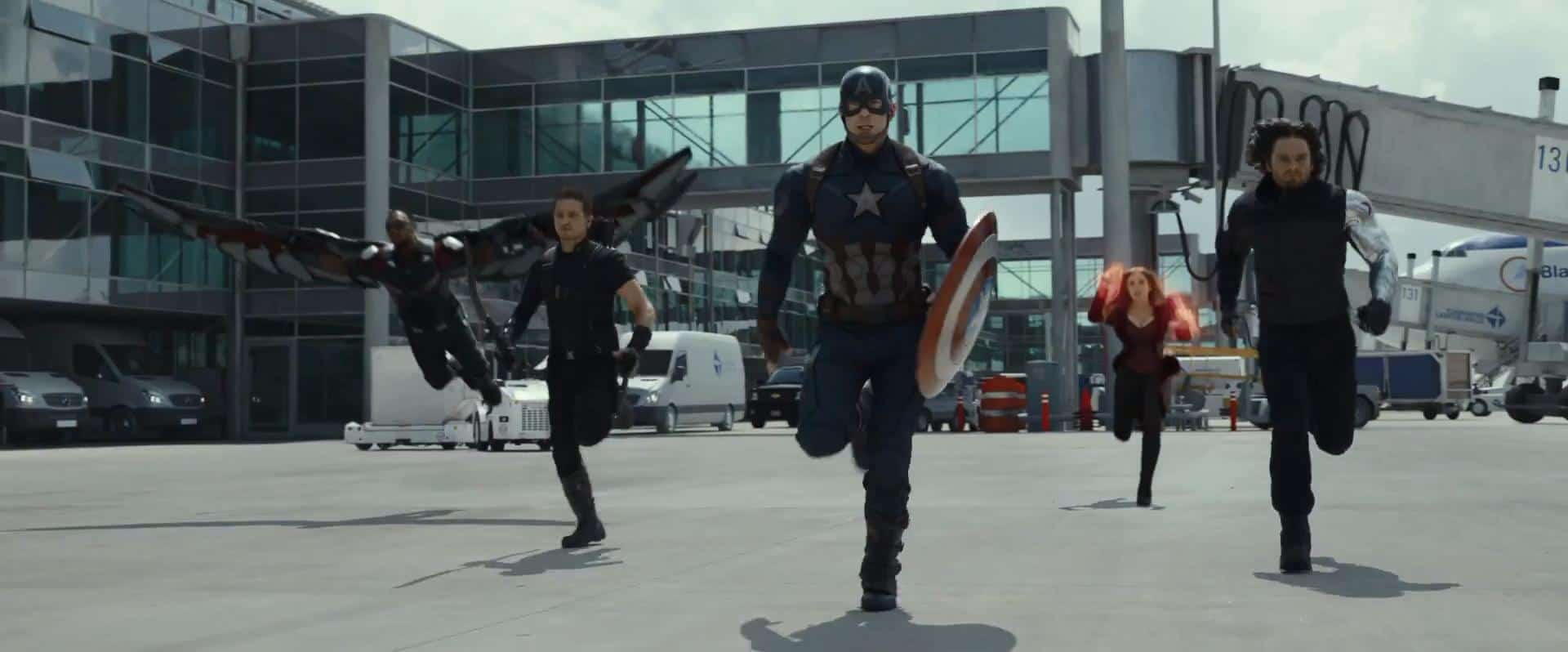Chris Evans, Elizabeth Olsen, Jeremy Renner, Anthony Mackie, and Sebastian Stan in Captain America: Civil War (2016)