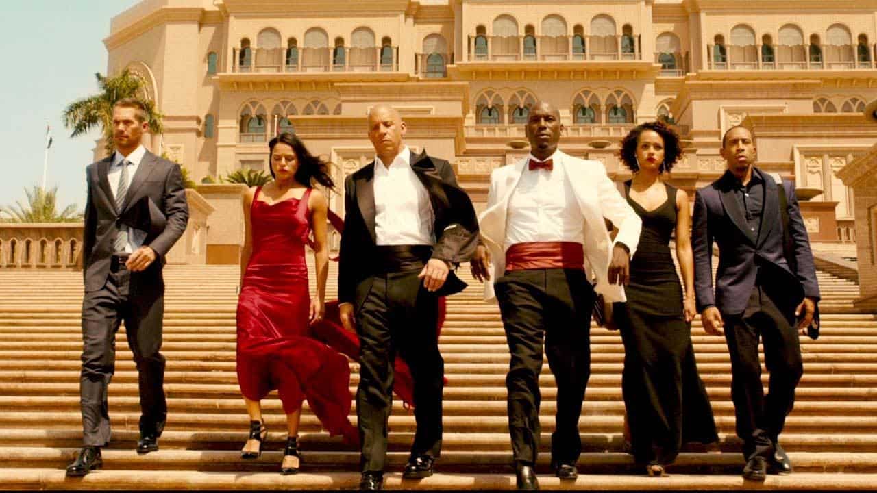 Vin Diesel, Ludacris, Michelle Rodriguez, Tyrese Gibson, Paul Walker, Nathalie Emmanuel, Cody Walker, and Caleb Walker in Furious 7 (2015)