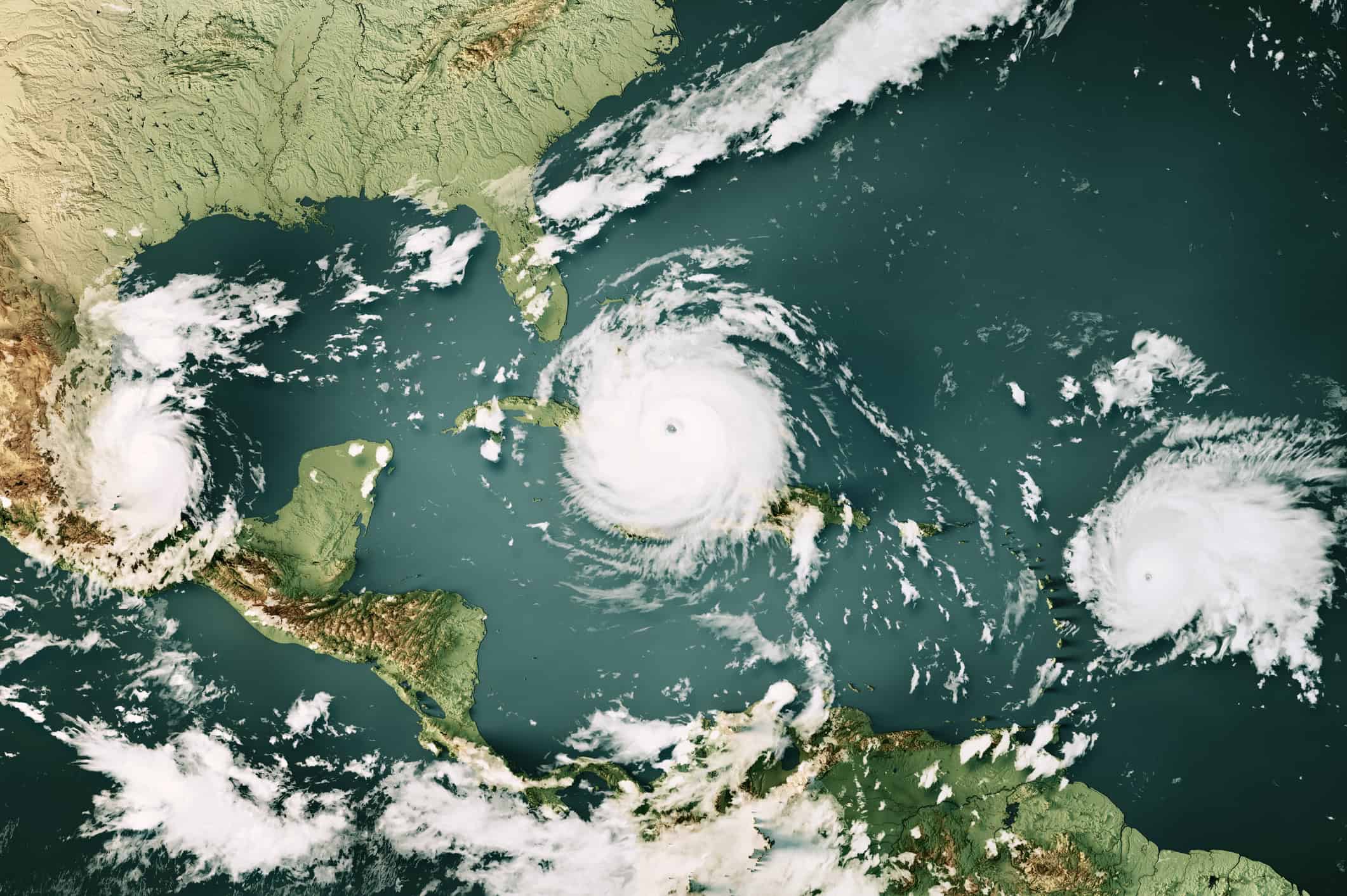 Three Hurricanes Katia Irma Jose 2017 Cloud Map Caribbean Sea 3D Render Color