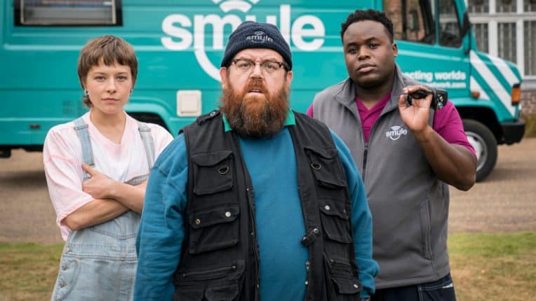 Nick Frost, Samson Kayo, and Emma D'Arcy in Truth Seekers (2020)