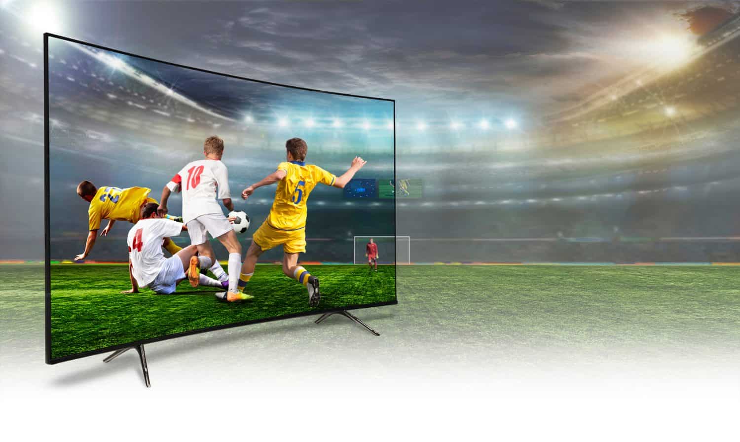 4k monitor watching smart tv translation of football game. Concept