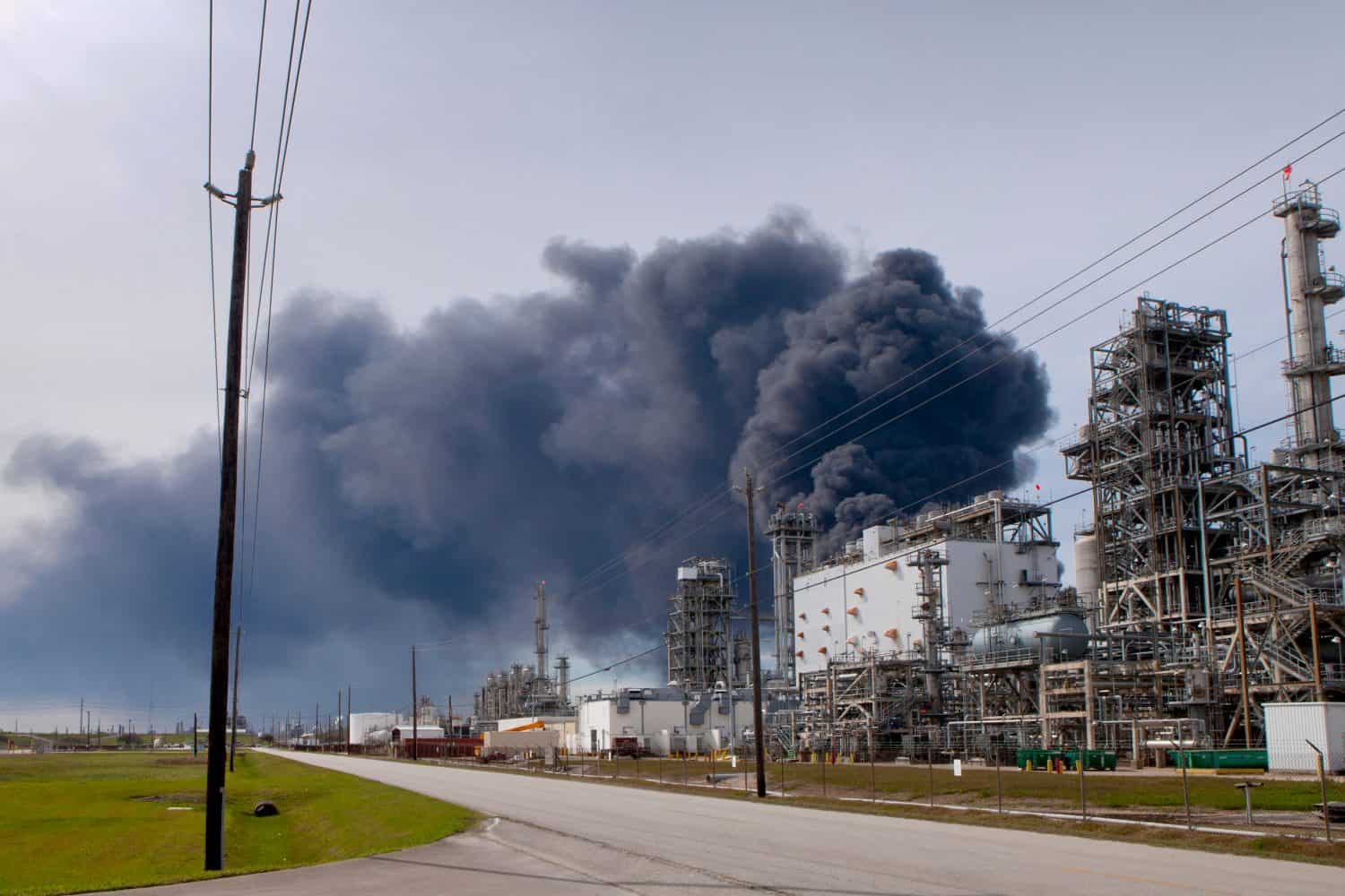 A large storage tank fire at Intercontinental Terminals Company in Deer Park near Houston, Texas. The tanks on fire hold Naphtha and xylene