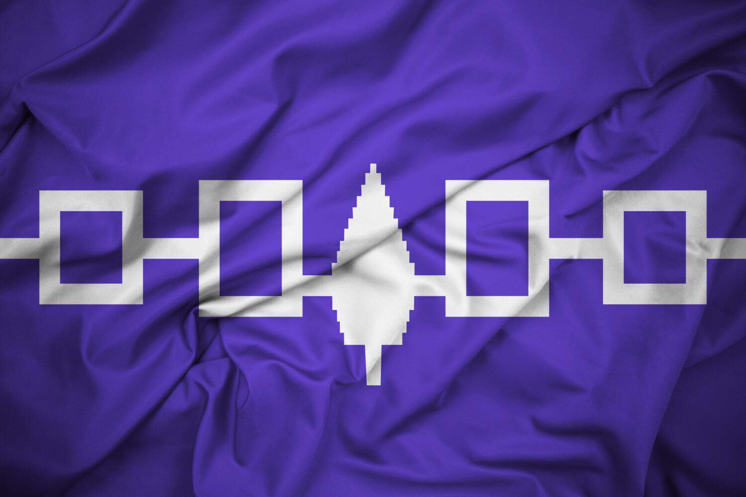 Iroquois Flag (Haudenosaunee). Eastern White Pine on Horizontal Purple Background. Silk Fabric, Delatiled Texture.