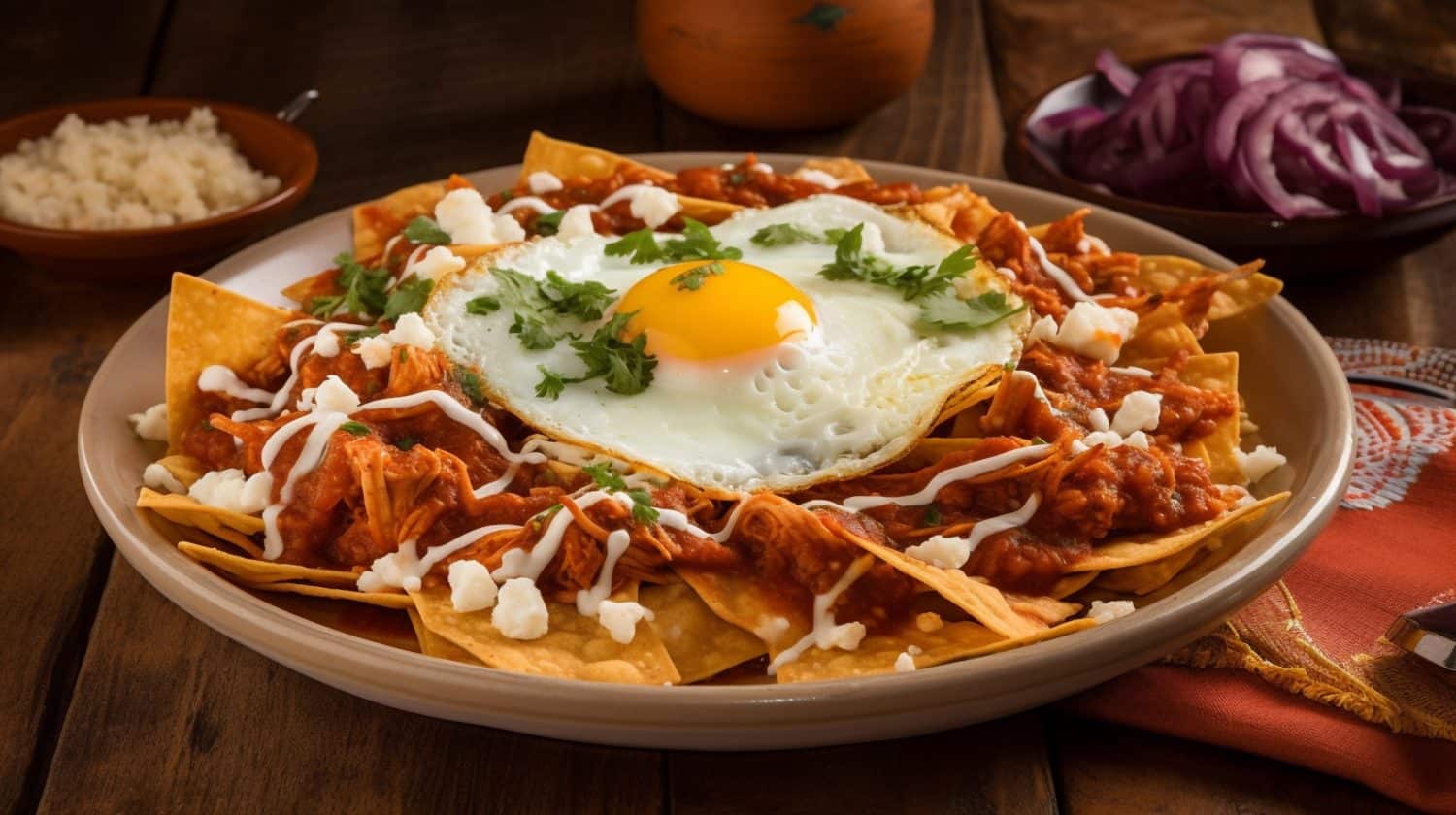 Mexican traditional chilaquiles breakfast. National food