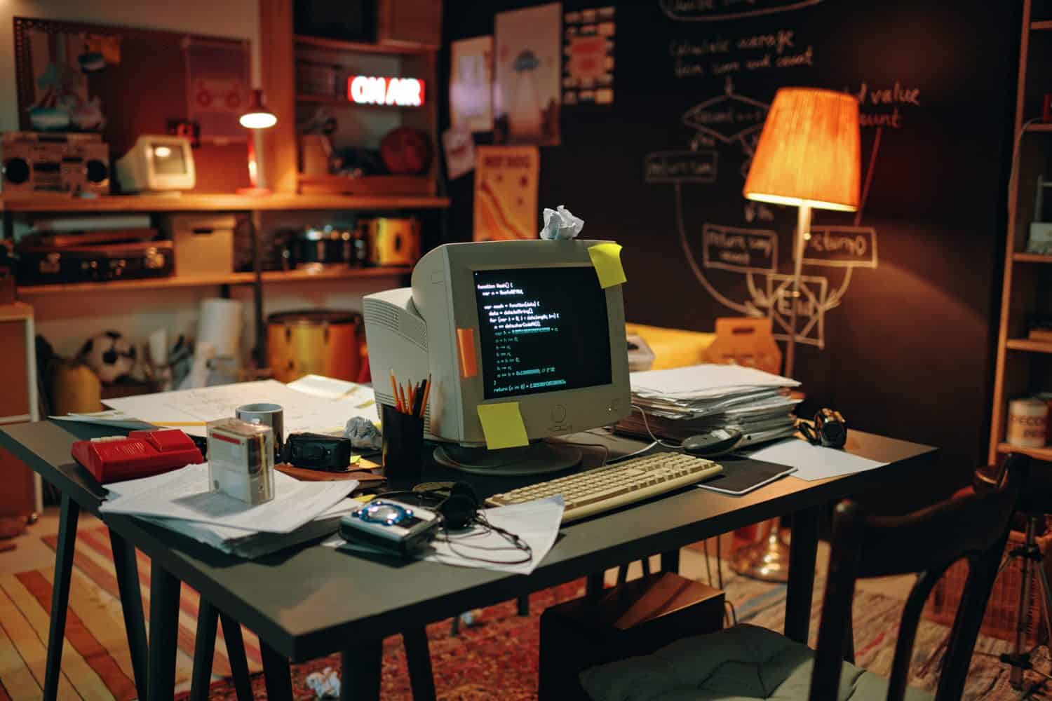 Horizontal image of workplace with computer with codes on the screen standing on table in garage