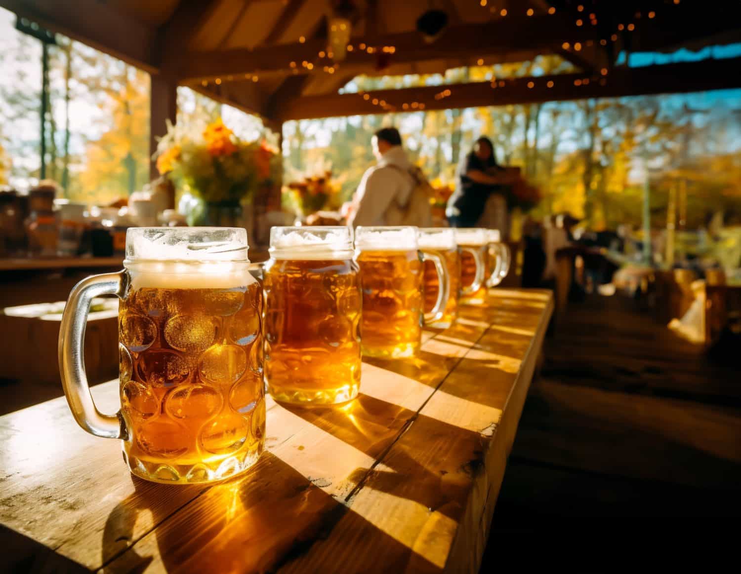 Row of larges mugs with Beer on a table in a pub, bar or October festival grounds. Concept of beer with friends and German beer festival. Shallow field of view.