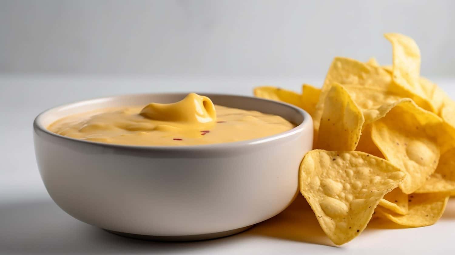 A bowl of queso cheese sauce with a side of tortilla chips