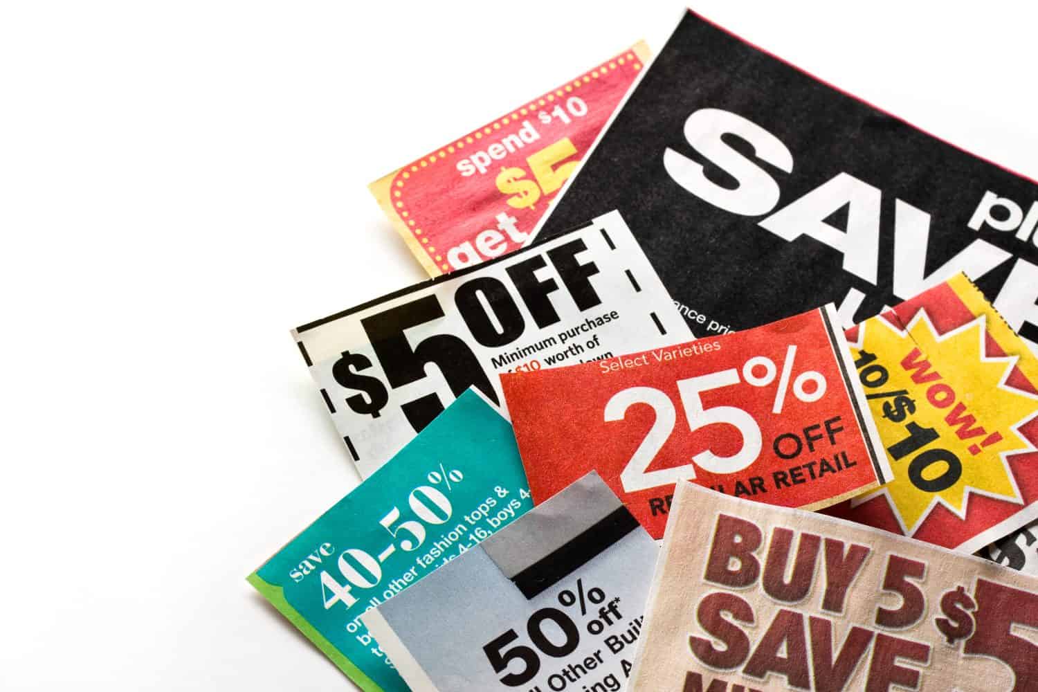 Save money. Colorful coupons on white background.