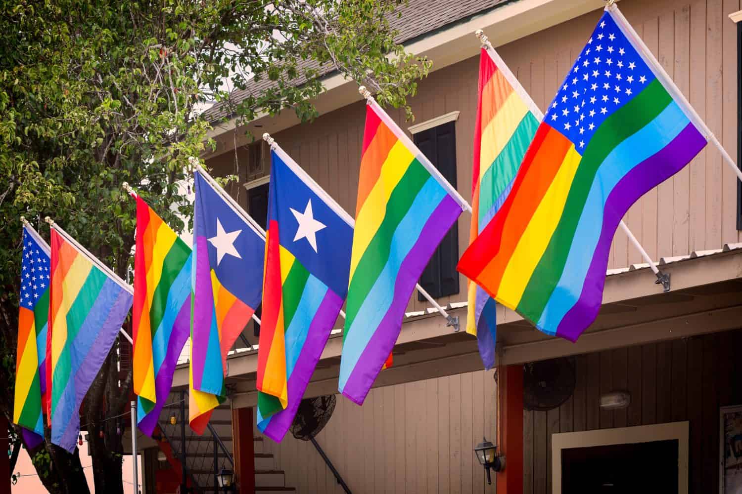 The rainbow flags, symbol of gay pride are displayed in the city of Houston, Texas