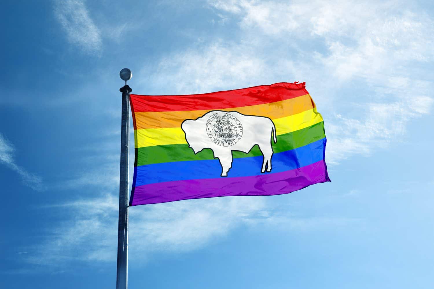 Rainbow Flag Wyoming on the mast
