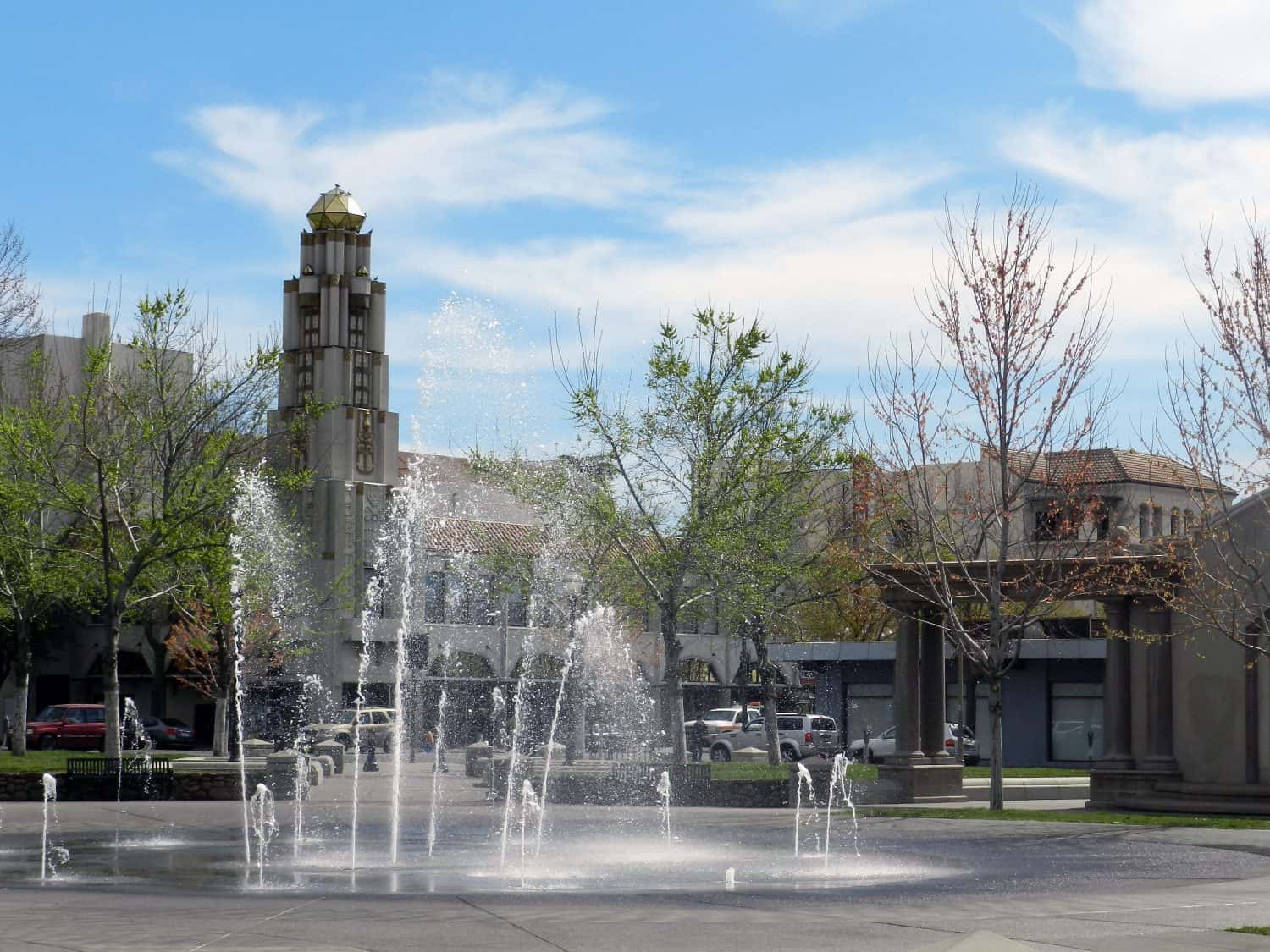 Closer up of fountain in downtown plaza. Chico, California