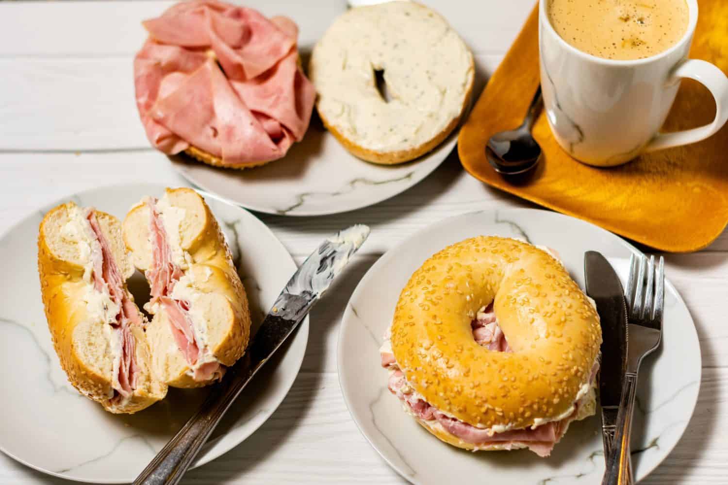 Ham and cream cheese Bagel with coffee