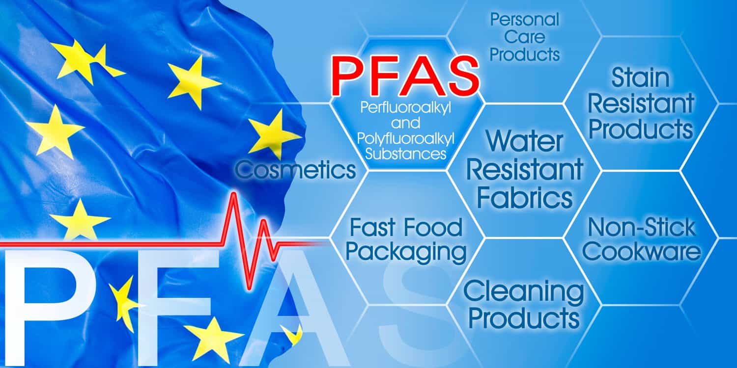 PFAS, PFOS and PFOA dangerous synthetic substances used in products and materials due to their enhanced water-resistant properties - concept with European flag