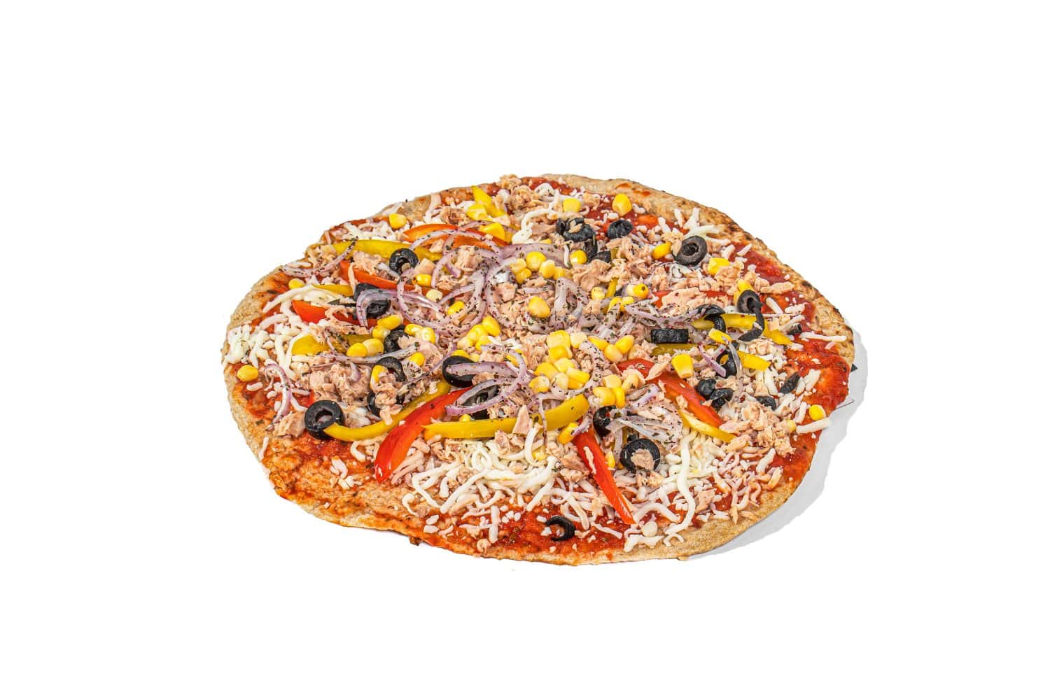 shrimp salmon pizza in high resolution image and isolated in white with blurry ends