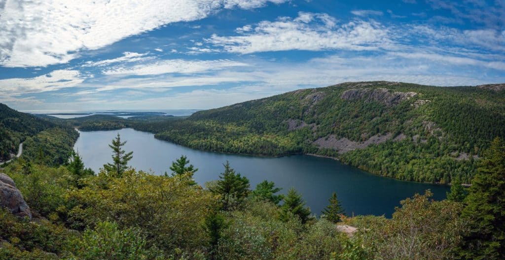 Jordan Pond panorama from atop North Bubble trail in Acadia National Park Maine