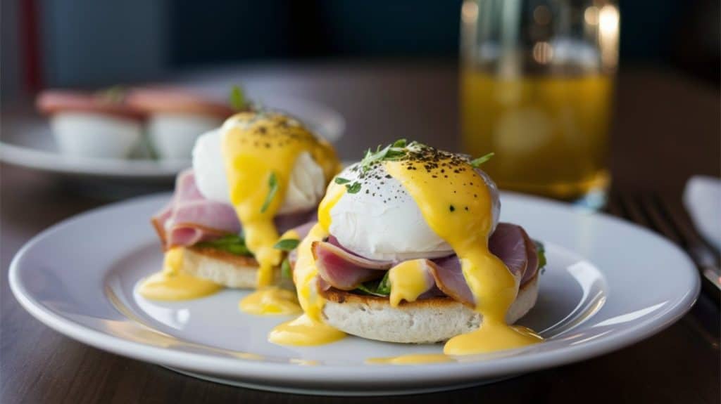 Eggs Benedict: Poached eggs on English muffin, with ham and hollandaise sauce.