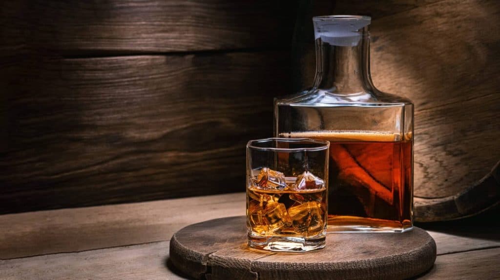 Whiskey drinks. You need to drink whiskey with ice then the whiskey tastes better of an oak barrel. Alcoholic drink with ice whiskey or cognac close-up on an oak coaster for glasses for spirits.