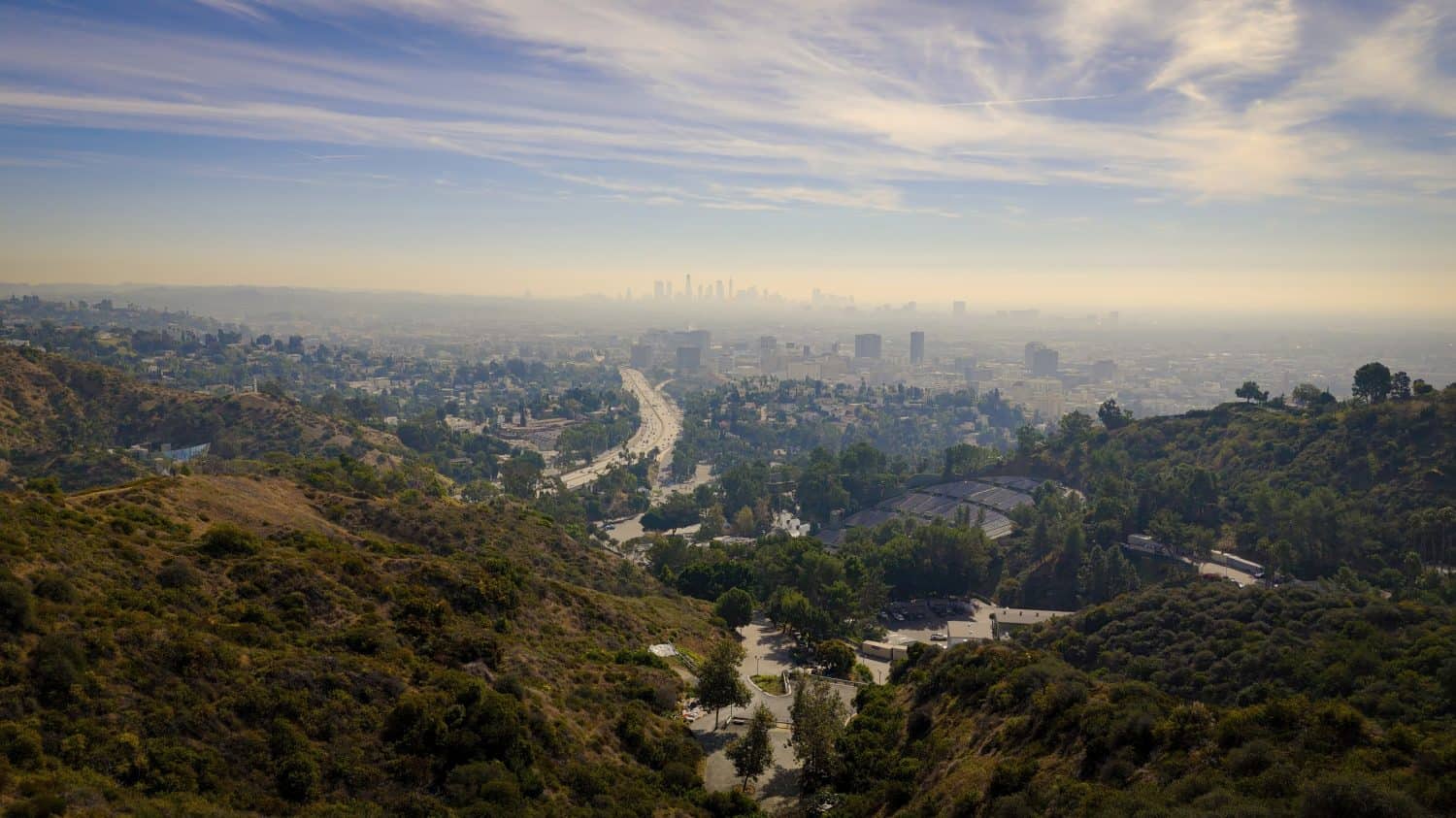 Aerial view over Los Angeles and Hollywood Bowl from Mulholland Drive - Los Angeles Drone footage - aerial photography