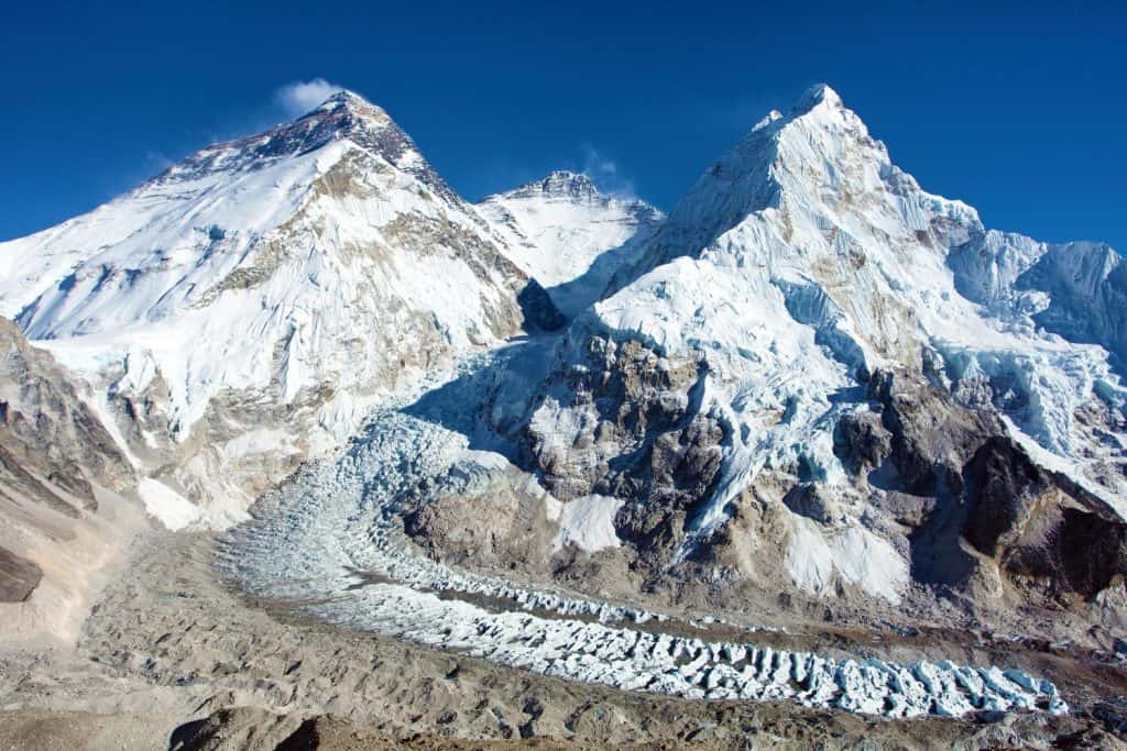 Beautiful view of mount Everest, Lhotse and Nuptse from Pumo Ri base camp, way to Everest base camp, Khumbu valley, Sagarmatha national park, Nepalese Himalayas mountains