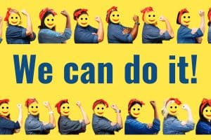Women with faces covered by smile emojis with a clenched fist rolling up their sleeves on yellow background. We can do it.