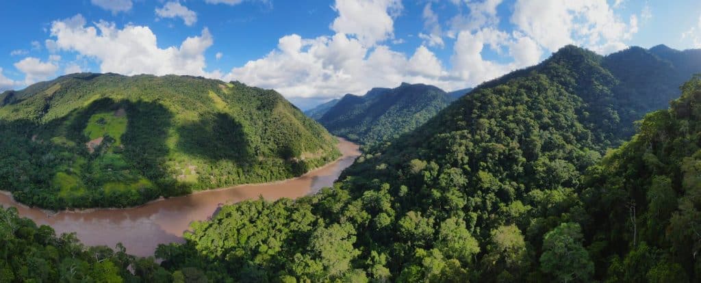 Beautiful Amazon landscape in Peru showing river and tropical rainforest in the area of Tarapoto