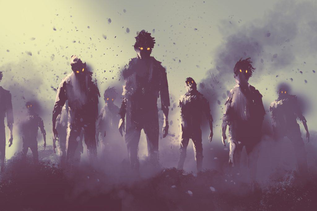 zombie crowd walking at night,halloween concept,illustration painting