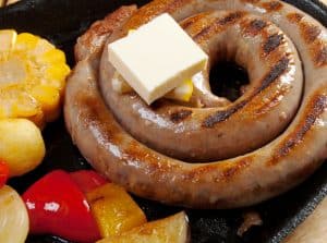 Homemade Cajun Boudin Sausage, made of pork meat and liver, rice, onions, and seasonings.