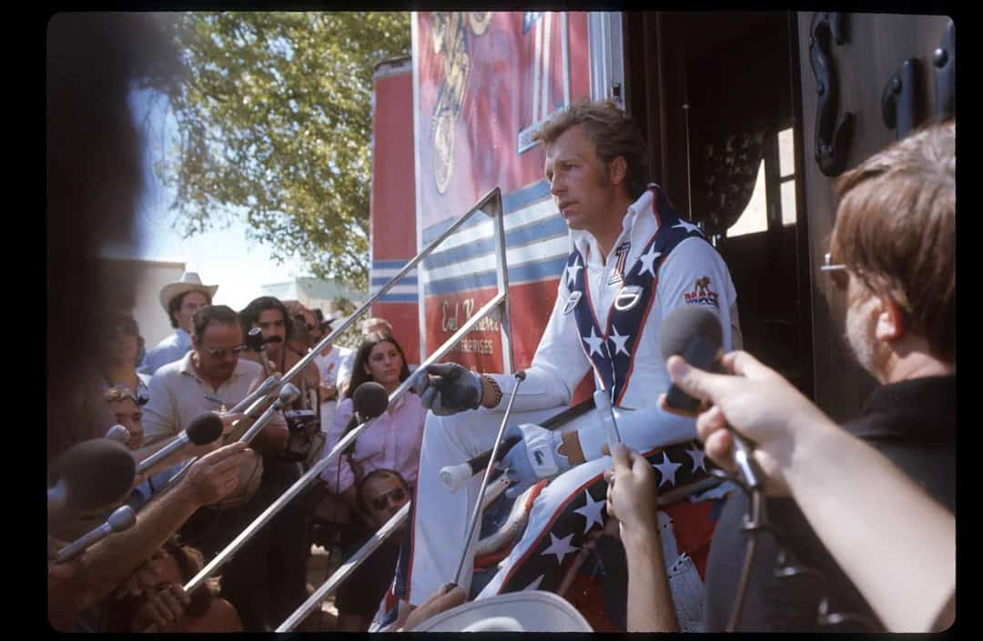Evel Knievel Faces the Press in Full Stars and Stripes