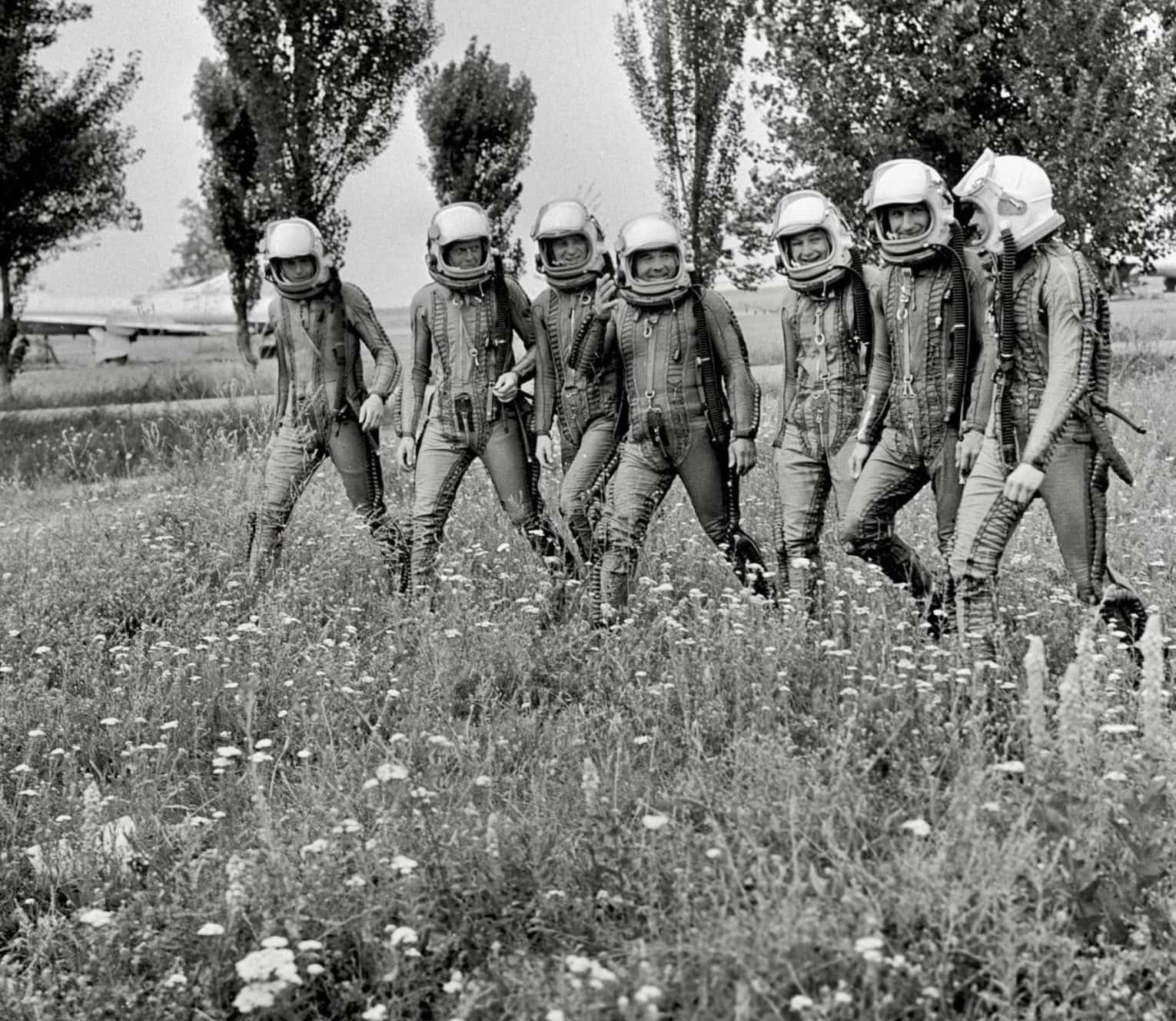 Cosmonauts Walk Through a Field After Training