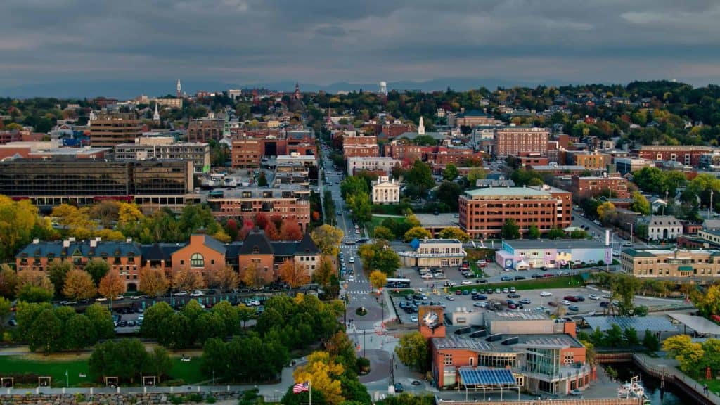 Burlington, Vermont | Aerial View from Lakeshore Looking Along Streets in Burlington, Vermont