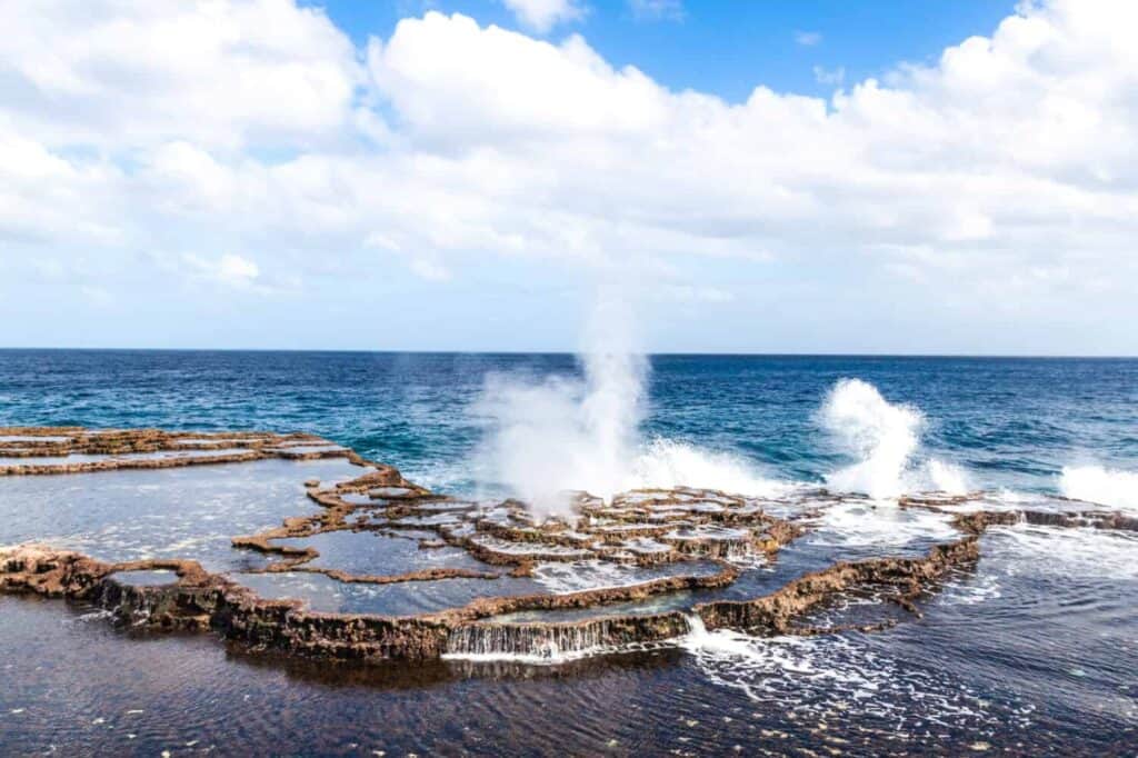 Sea geysers, or blowholes on the coast of Tongatapu island, Tonga
